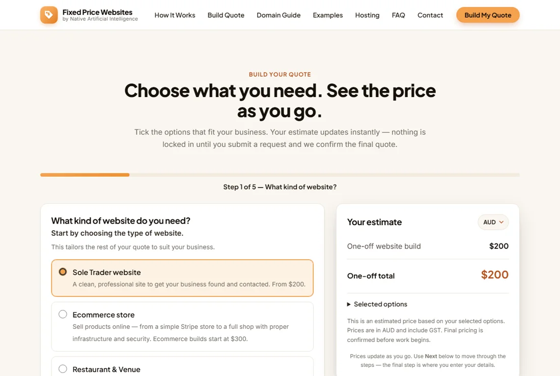 The Fixed Price Websites quote builder showing a live price estimate