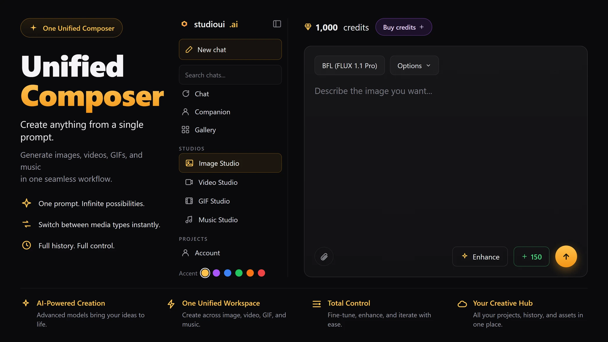 The StudioUI Unified Composer — one prompt bar for the Image, Video, GIF and Music studios